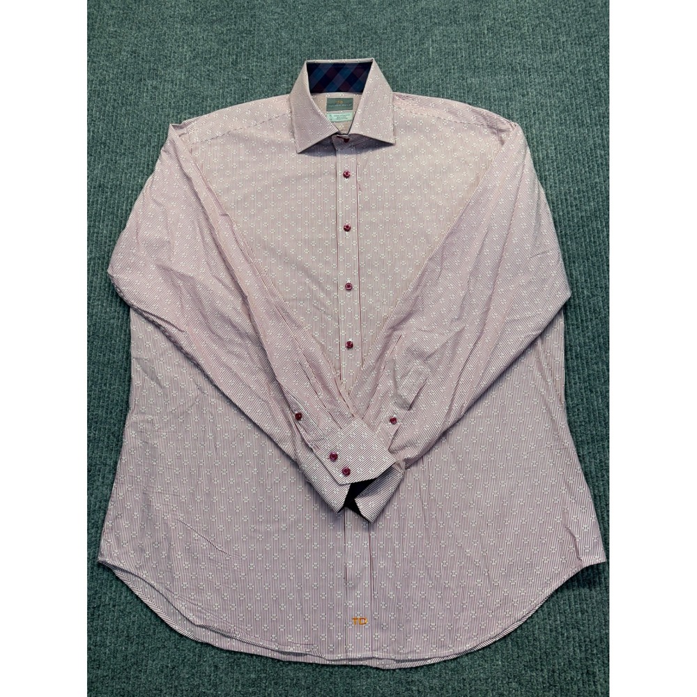 Thomas Dean Mens XL Pima Cotton Red White Stripe Dobby Long Sleeve Button Down